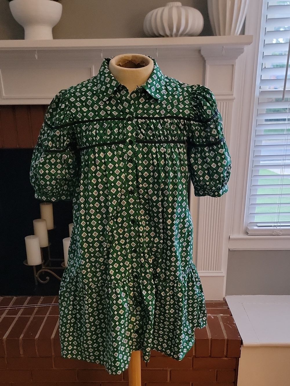 Anthropologie Green Printed Puff-Sleeve Shirt Dress